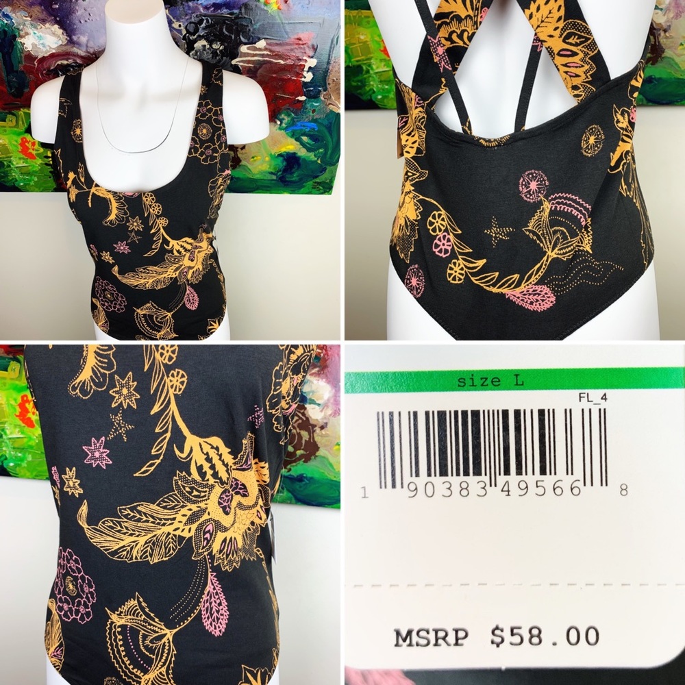 Free People Floral Black & Gold Bodysuit Large - Picture 12 of 14
